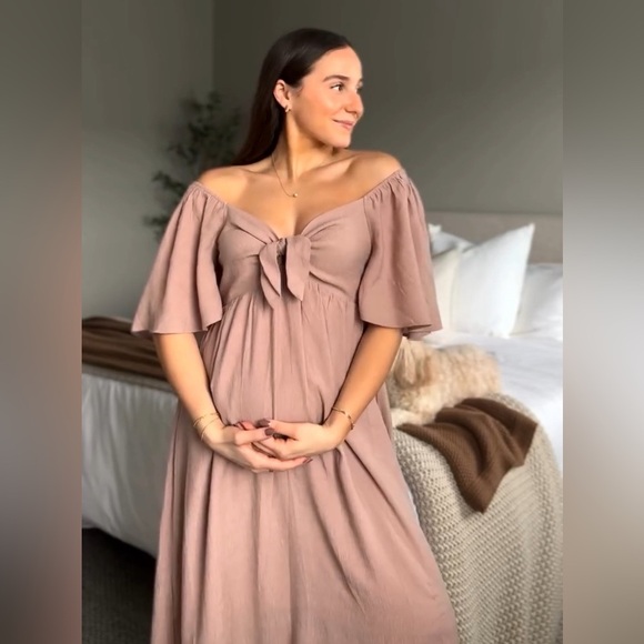 Pinkblush texture flutter sleeve tie bust midi dress nwot - Picture 4 of 6